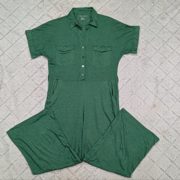 Majestic Filatures Jumpsuit Womens 1 S Green Linen Wide Straight Leg V Neck - Picture 1 of 9